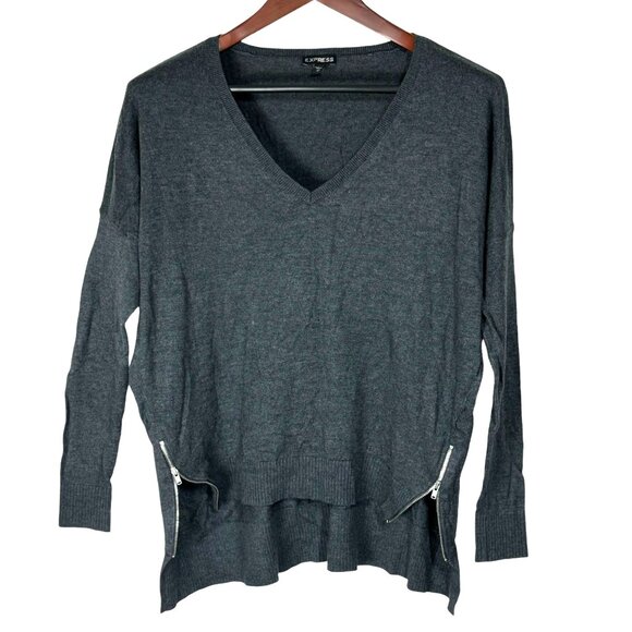 Express Womens Oversized V-Neck Charcoal Grey Sweater With Side Zippers S - Picture 1 of 5